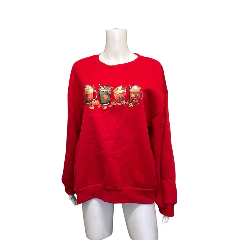 Shein Cozy Autumn Pumpkin Coffee Lover Red Sweatshirt Size L